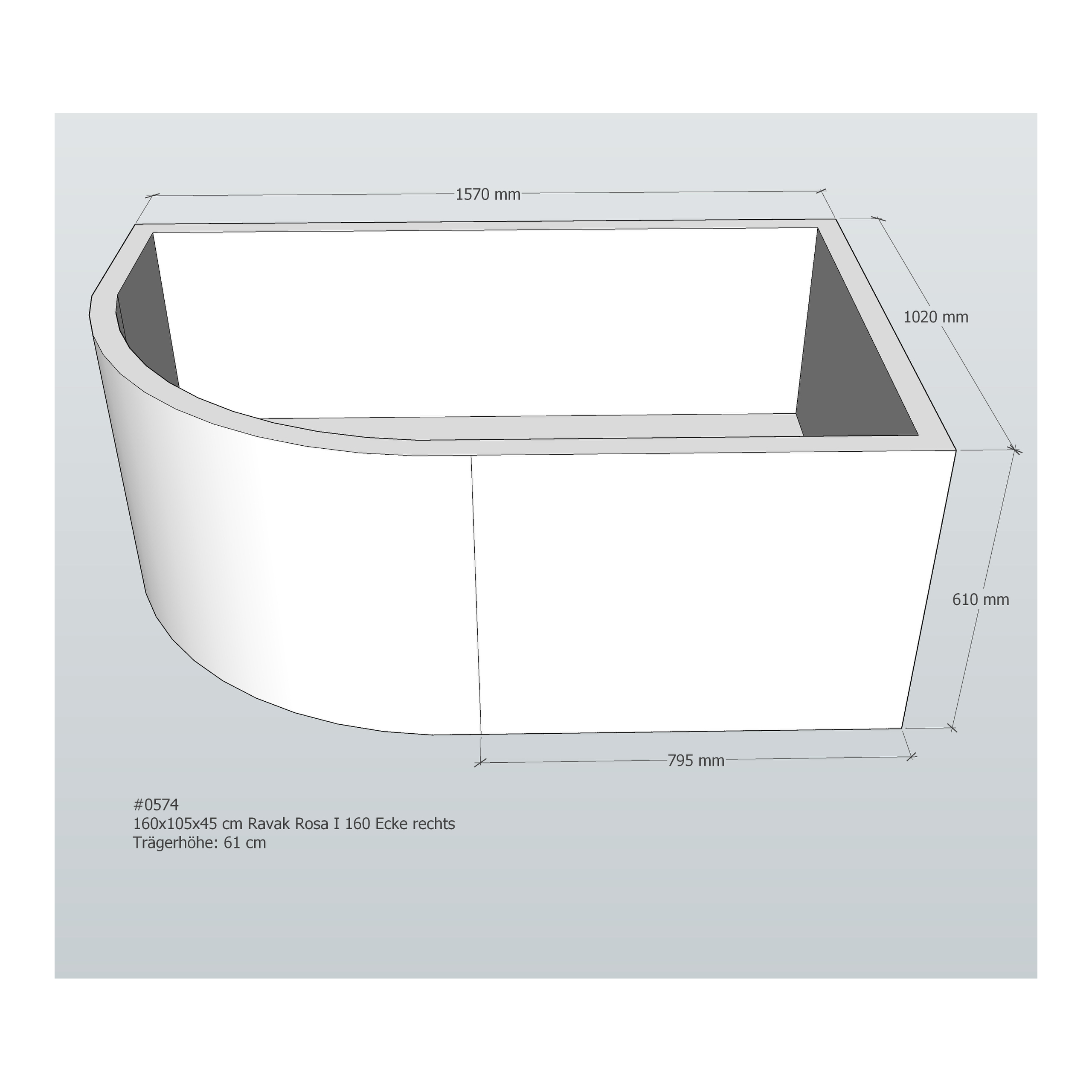 Badewannenträger für Ravak Rosa I 160 rechts 160 × 105 × 45 cm