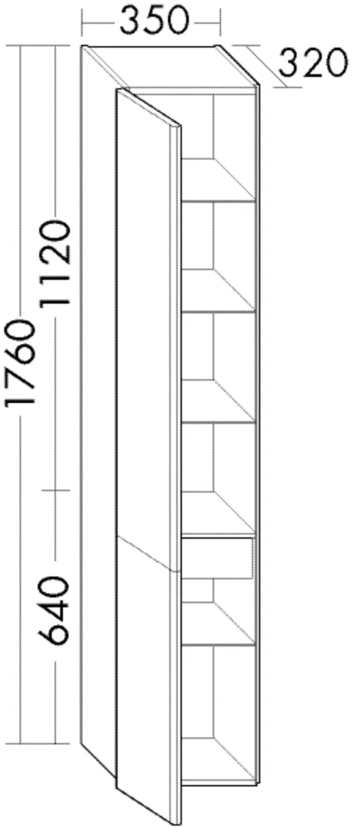 Hochschrank, 2 Türen;1 Innenschublade;4 Glaseinlegeböden;1 fester Boden, Tiefe: 320 mm, Breite: 350 mm, Höhe: 1760 mm