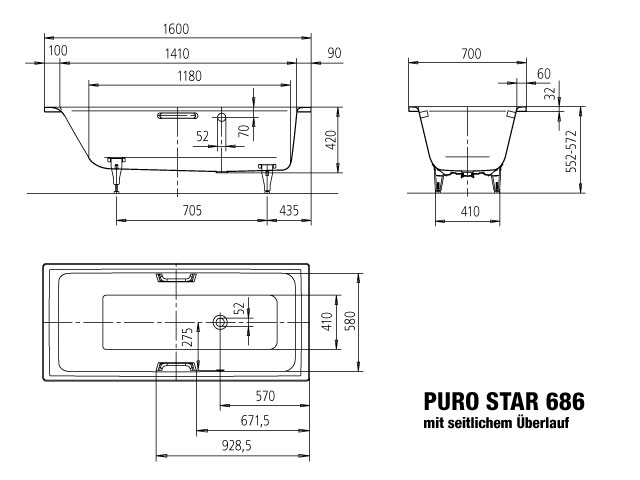 Kaldewei Badewanne „Puro“ Star rechteck 160 × 70 cm, mit Grifflochbohrungen mit gegenüberliegender Überlaufbohrung, in alpinweiß