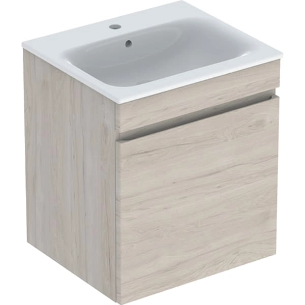 Renova Plan Set Möbelwaschtisch schmaler Rand, mit Waschtischunterschrank, eine Schublade und eine Innenschublade: Breite Waschtisch=55cm, Korpus und Front: Nussbaum hickory hell / Folie strukturiert, Waschtisch: weiß Renova Plan Set Möbelwaschtisch schmaler Rand, mit Waschtischunterschrank, eine Schublade und eine Innenschublade: Breite Waschtisch=55cm, Korpus und Front: Nussbaum hickory hell / Folie strukturiert, Waschtisch: weiß