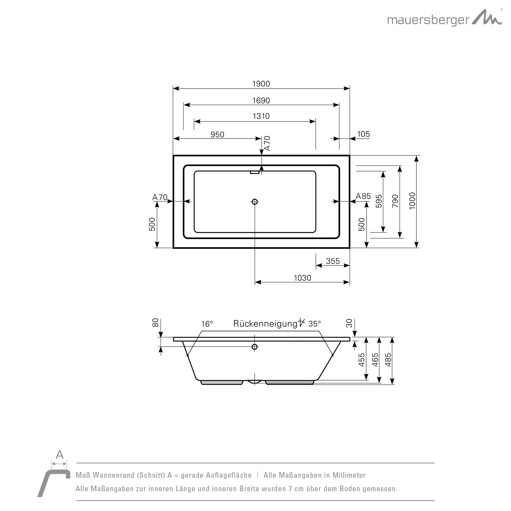 Mauersberger Acryl-Badewanne convexa 190⁄100 1900x1000x485, Farbgruppe: 3