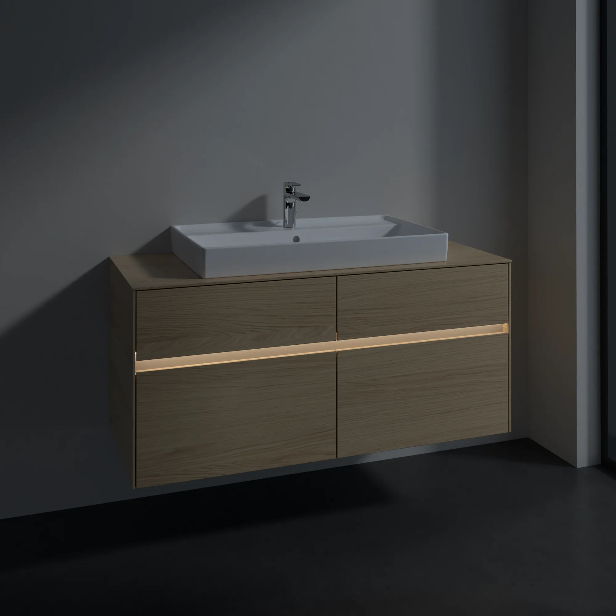 Villeroy & Boch Waschtischunterschrank „Collaro“ 1200 × 548 × 500 mm Nordic Oak, mit Beleuchtung, für Becken mittig