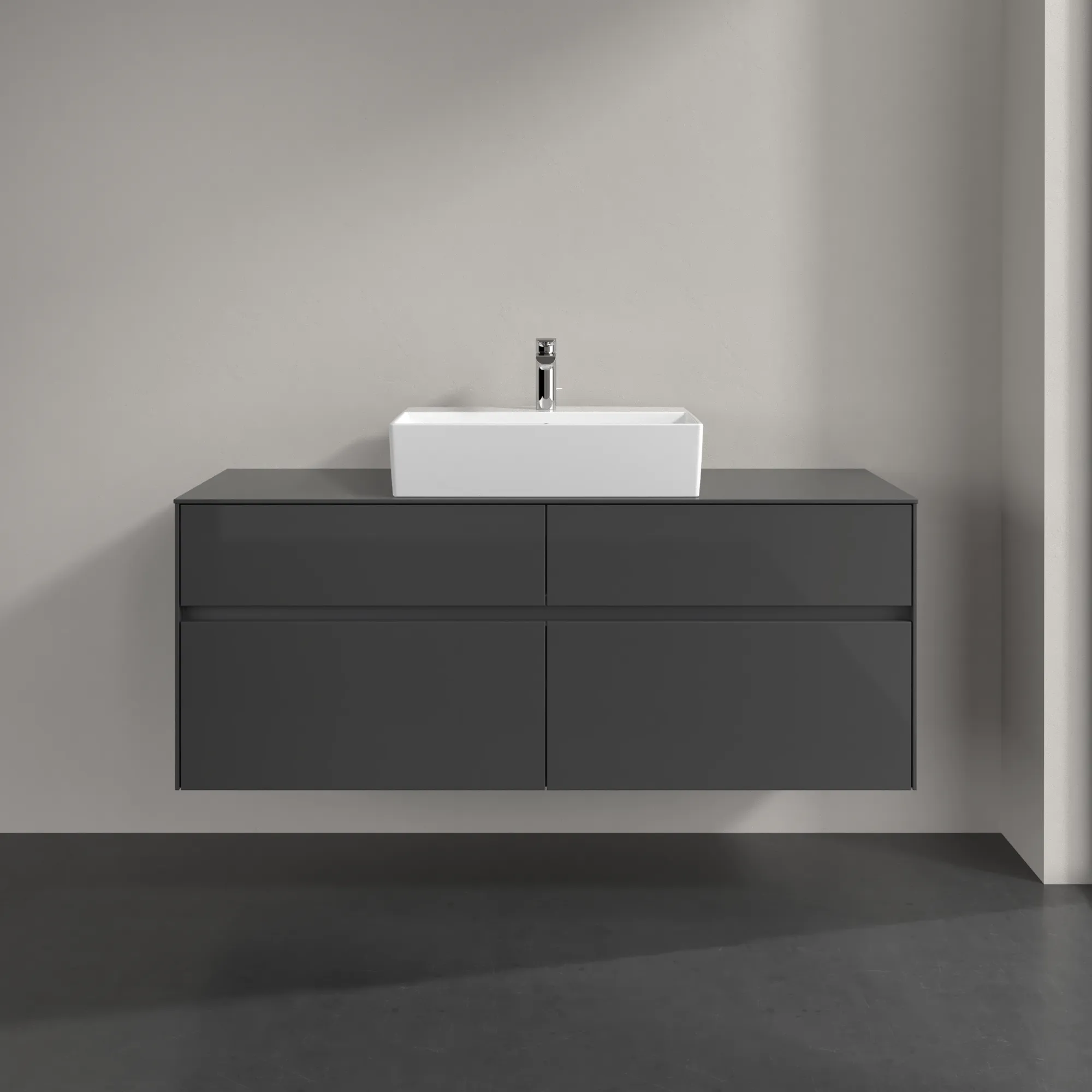 Villeroy & Boch Waschbeckenunterschrank Collaro C13100, Eckig Glossy Grey, 1400x548x500 mm, 4 Auszüge mit SoftClosing, mittige Wanneneinbauposition