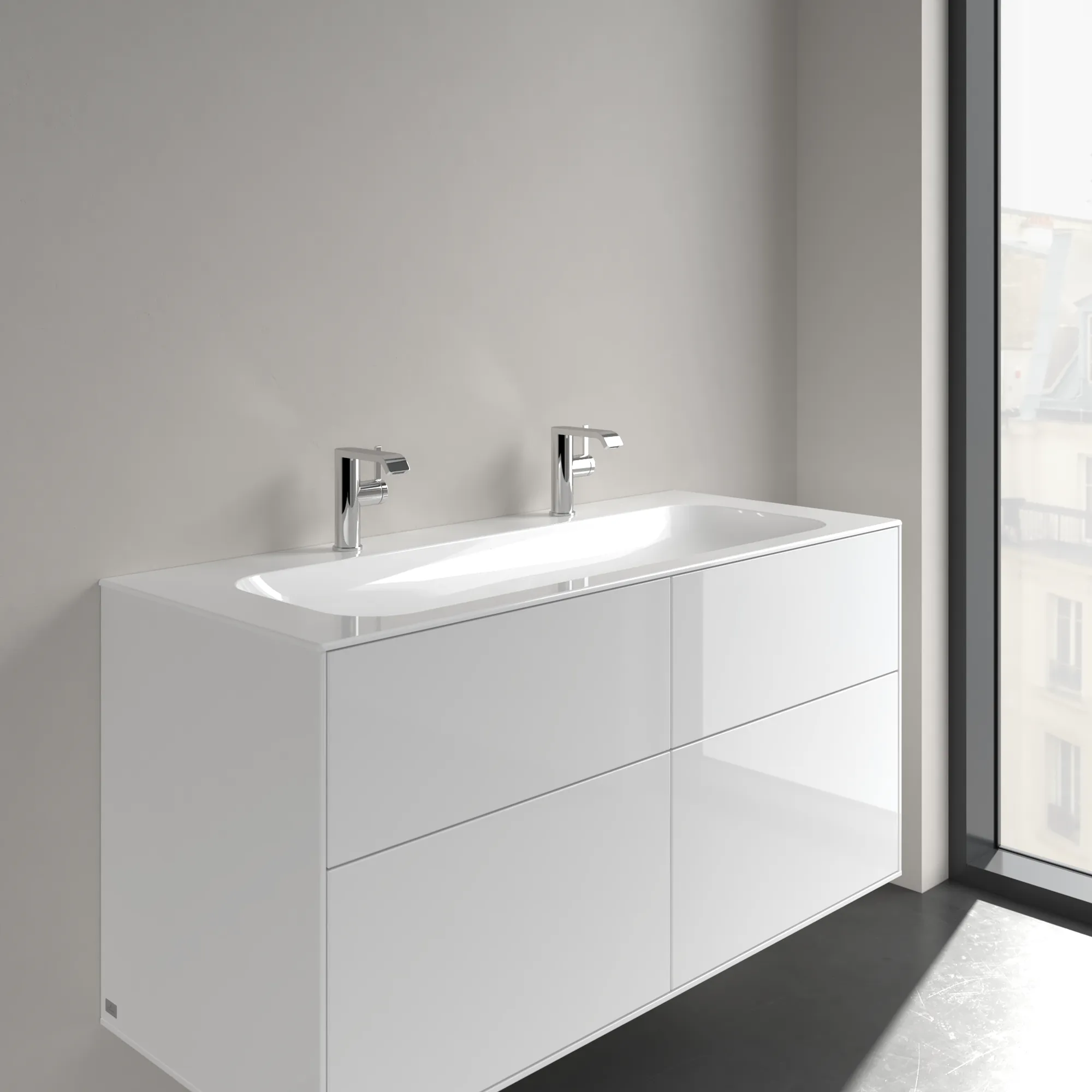Villeroy & Boch Schrankwaschtisch aus TitanCeram „Finion“ 1200 × 500 × 160 mm, Hahnlochposition links und rechts, mit Hahnlochbohrung in Weiß Alpin, mit CeramicPlus Villeroy & Boch Schrankwaschtisch aus TitanCeram „Finion“ 1200 × 500 × 160 mm, Hahnlochposition links und rechts, mit Hahnlochbohrung in Weiß Alpin, mit CeramicPlus