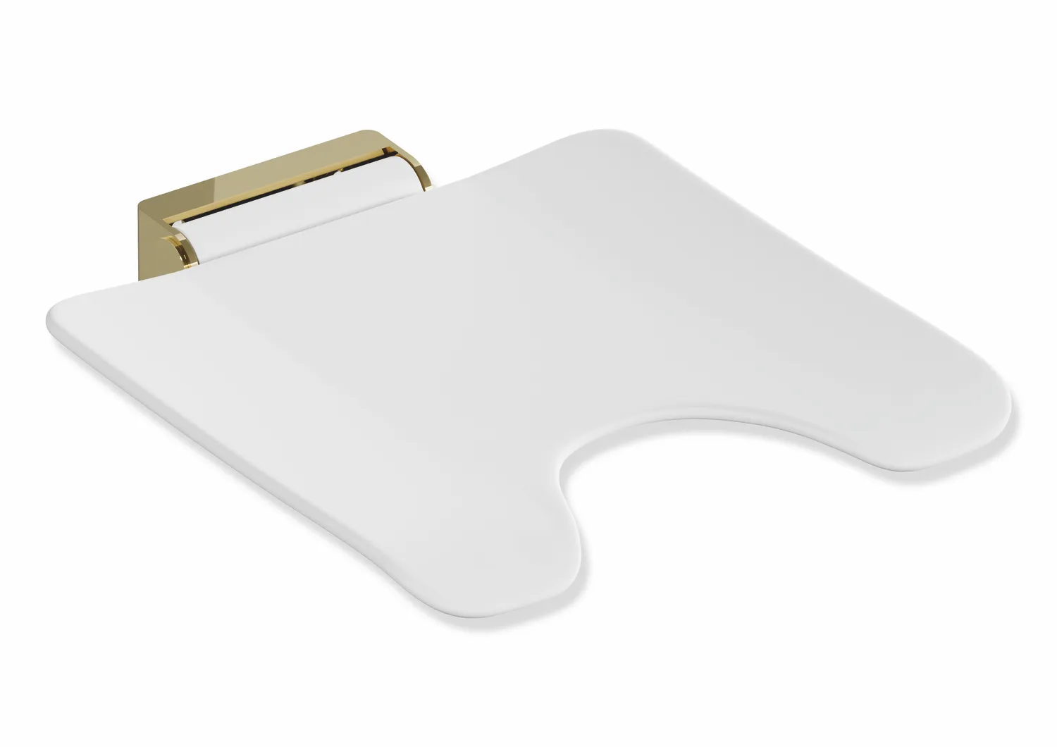 Klappsitz des Systems 900, Wandkonsole aus Edelstahl, PVD, Sitzfläche mit Hygieneausschnitt aus strukturiertem Kunststoff, weiß, Sitzfläche 450 mm breit, 450 mm tief, in Farbe CK (Messing glänzend)