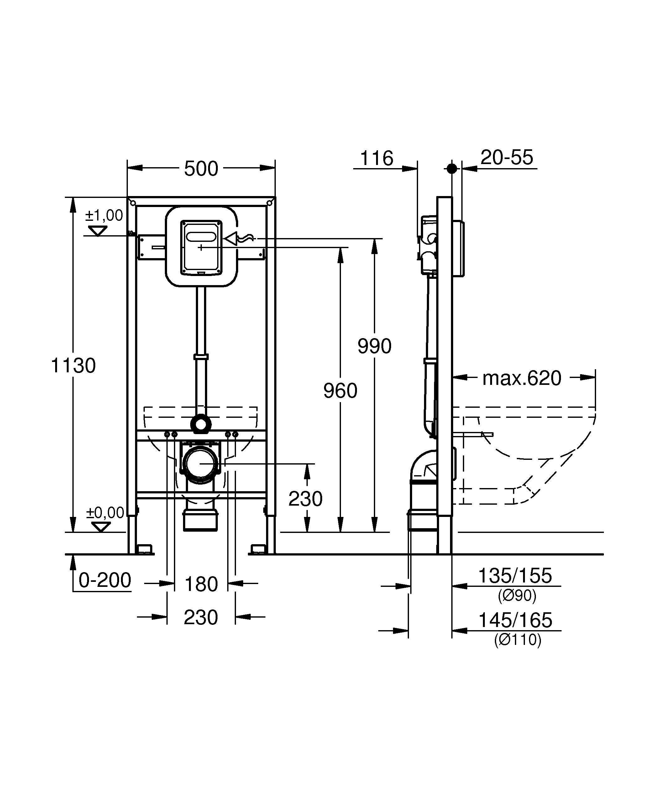 Wand-WC-Element Rapid SL 38519_1, 1,13 m Bauhöhe, mit WC-Druckspüler 6-9l, für Vorwand- oder Ständerwandmontage