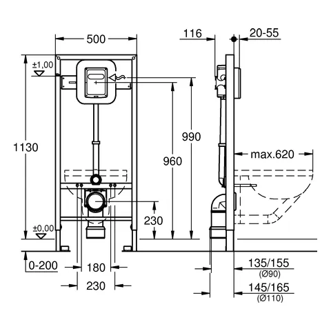 Grohe Rapid SL WC-Element mit Druckspüler, 1,13 m Bauhöhe Grohe Rapid SL WC-Element mit Druckspüler, 1,13 m Bauhöhe