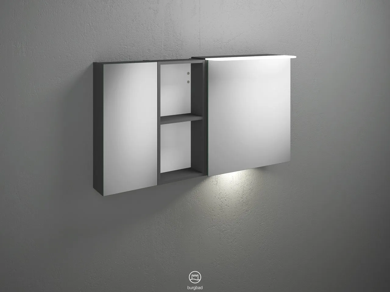 Badu Spiegelschrank SFUD120 von burgbad - 310 mm tief, 1.200 mm breit, 665 mm hoch, beidseitig verspiegelt mit LED-Aufsatzleuchte und Waschtischbeleuchtung