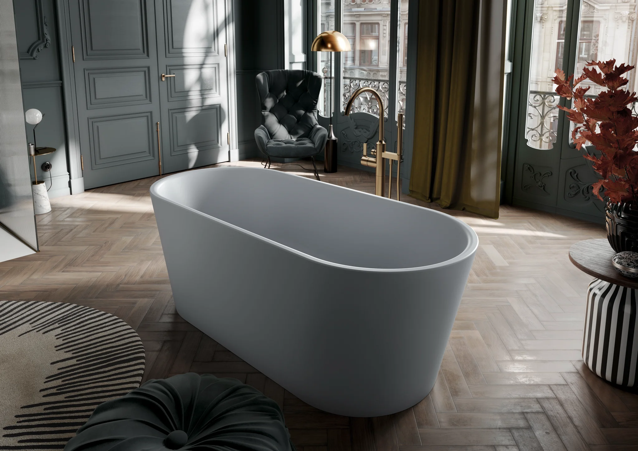 Kaldewei MEISTERSTÜCK CLASSIC DUO OVAL Badewanne, oval, 1750 x 760 mm, cool grey 30, freistehend mit mittigem Ab- und Überlaufdeckel