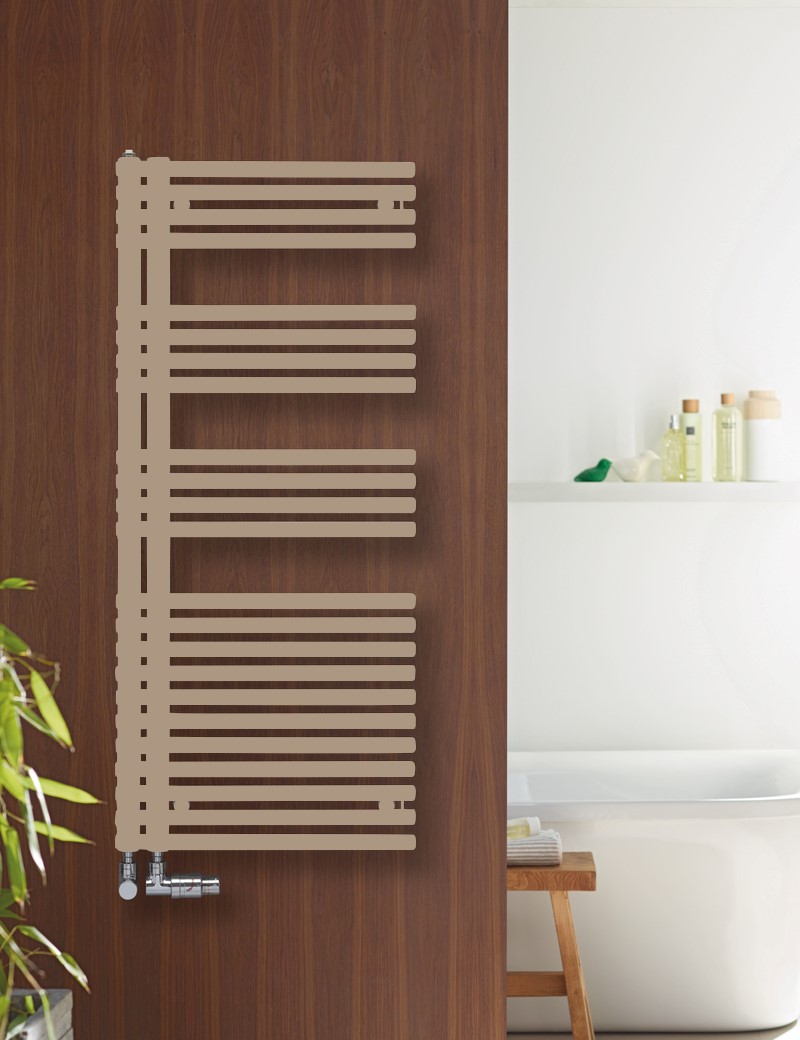 Zehnder Design-Heizkörper „Forma Asym“ für Warmwasser-Zentralheizung oder gemischten Betrieb mit 50 mm-Mittelanschluss 59,6 × 144,1 cm in Beige Quartz