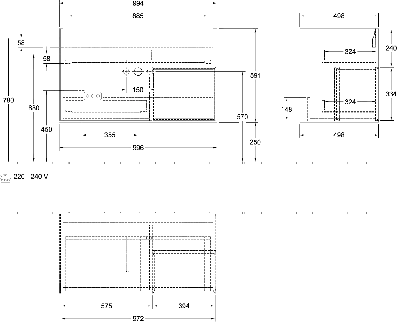 Villeroy & Boch Waschtischunterschrank „Finion“ für Schrankwaschtisch 99,6 × 59,1 × 49,8 cm 2 Schubladen, für Waschtischposition mittig, inkl. Beleuchtung mittig