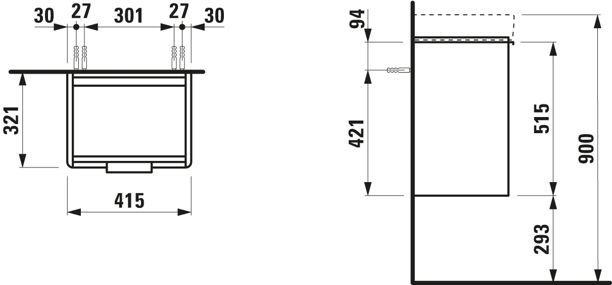 Waschtischunterbau BASE für PRO S 321x415x515 1 Tür Scharnier links mit Griff aluminium eloxiert für Waschtisch H815961 weiß matt