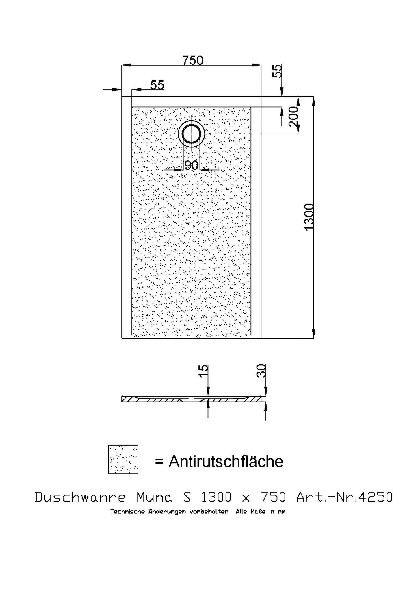 Duschwanne „Muna S“ Rechteck 130 × 75 cm in Schiefergrau