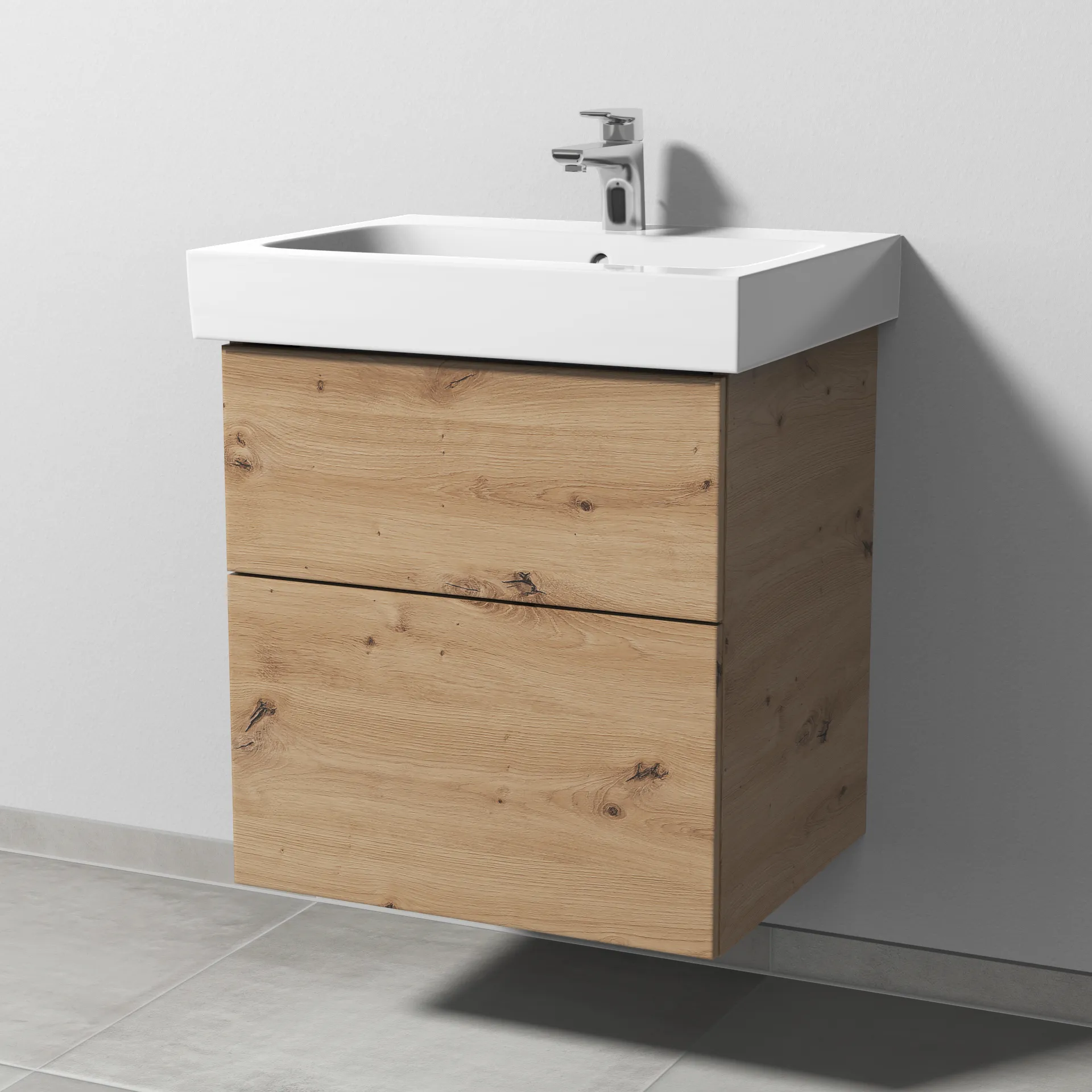 Sanipa Waschtischunterschrank „3way“ passend zu Keramik-Waschtische iCon von Geberit 550 × 593 × 462 mm in Eiche Natural-Touch, Becken mittig