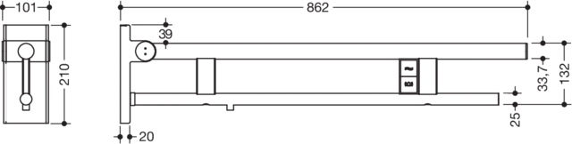 Stützklappgriff Duo, Design A des Systems 900, Edelstahl, PVD, Ausladung 850 mm, mit Spül-/Funktionstasten (E-Ausführung), Ausführung links, in Farbe CK (messing glänzend)