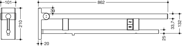 Stützklappgriff Duo, Design A des Systems 900, Edelstahl, PVD, Ausladung 850 mm, mit Spül-/Funktionstasten (E-Ausführung), Ausführung links, in Farbe CK (Messing glänzend) Stützklappgriff Duo, Design A des Systems 900, Edelstahl, PVD, Ausladung 850 mm, mit Spül-/Funktionstasten (E-Ausführung), Ausführung links, in Farbe CK (Messing glänzend)
