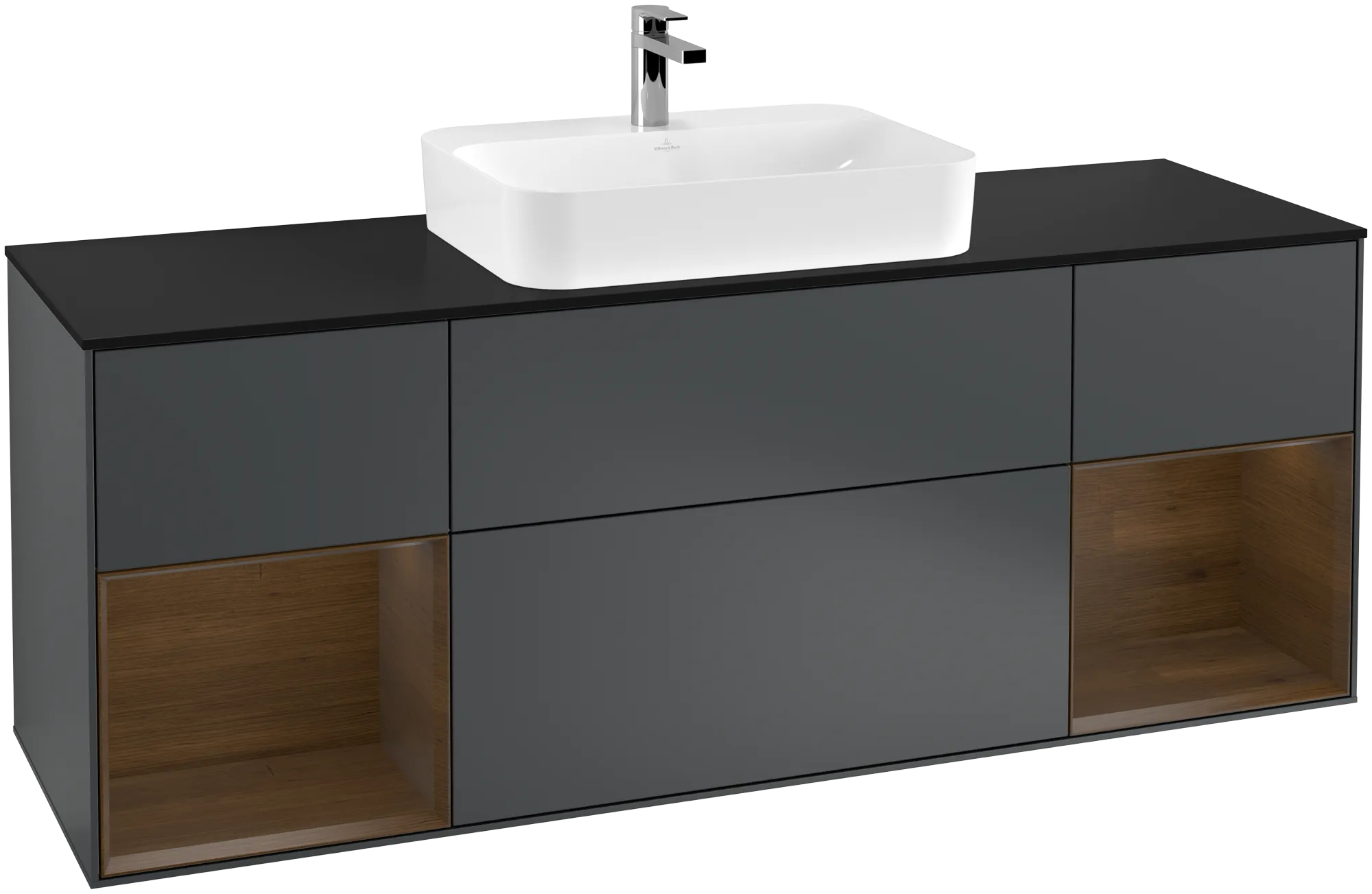 Villeroy & Boch Finion Waschbeckenunterschrank F45, 1600x603x501mm, Midnight Blue Matt Lacquer / Walnut Veneer / Glass Black Matt