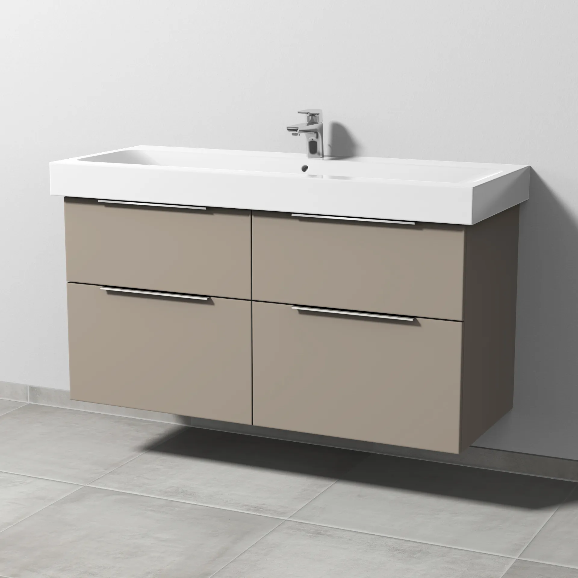 Sanipa Waschtischunterschrank „3way“ passend zu Keramik-Waschtische iCon von Geberit 1150 × 593 × 462 mm in Sandgrau (matt), Becken mittig
