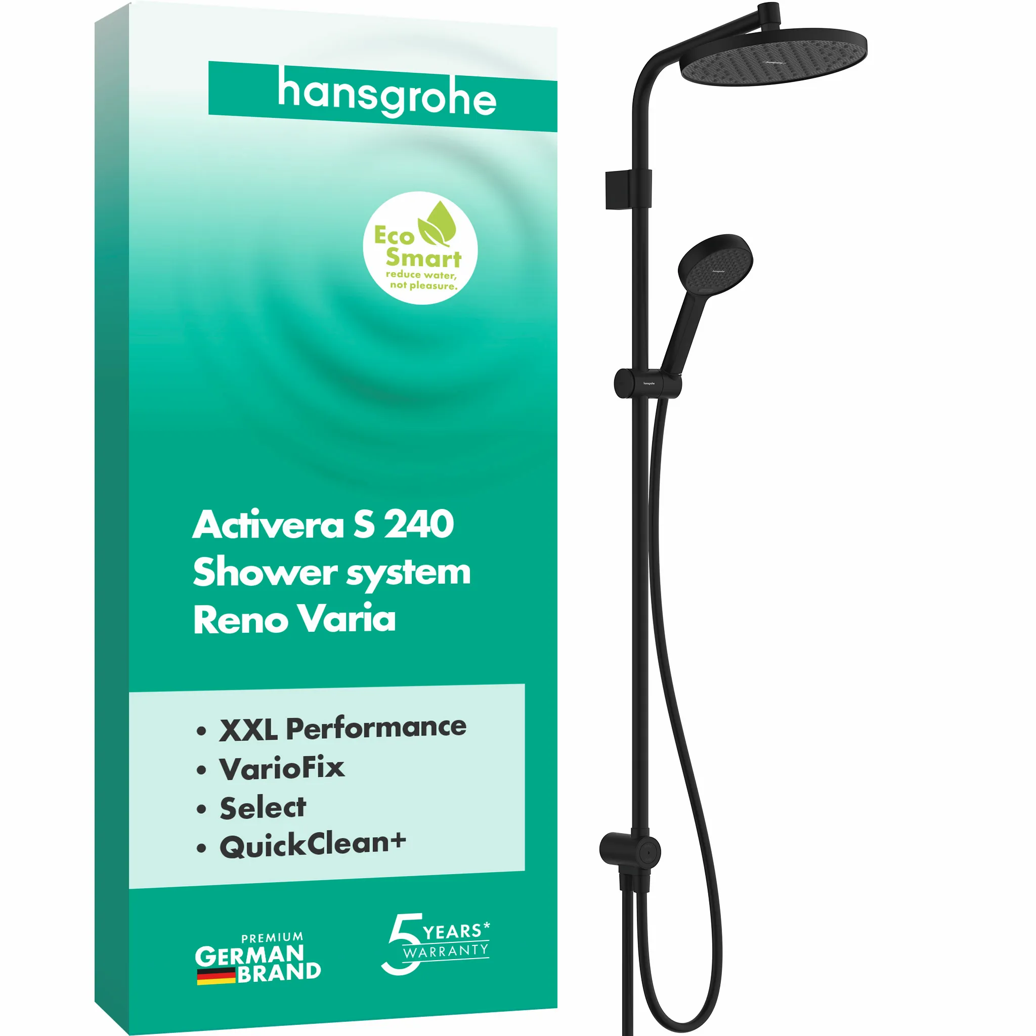 Hansgrohe Activera S Showerpipe EcoSmart Reno Varia MSW, Mattschwarz, 8 l/min Durchfluss, Rain Strahlart, variable Wandstütze, Bohrlochabstand 750-850 mm