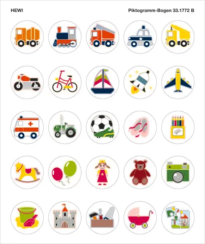 HEWI Piktogrammbogen Fahrzeuge und Spielsachen D: 40 mm HEWI Piktogrammbogen Fahrzeuge und Spielsachen D: 40 mm