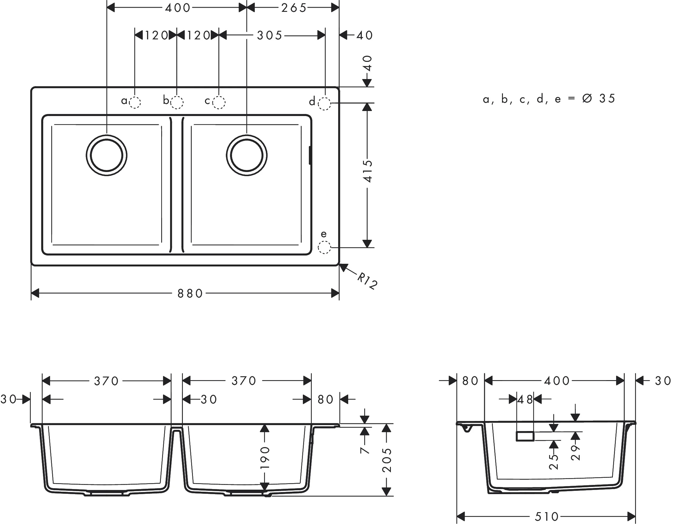 Hansgrohe Einbauspüle S51 Serie, Steingrau, 370x370 mm, 2 Hauptbecken, Aufbau, Beckentiefe 190 mm Hansgrohe Einbauspüle S51 Serie, Steingrau, 370x370 mm, 2 Hauptbecken, Aufbau, Beckentiefe 190 mm
