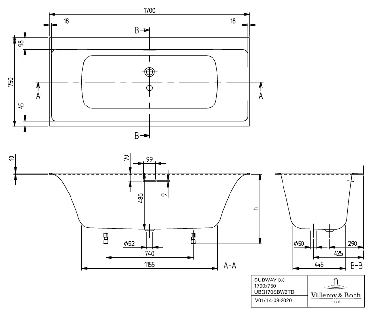 Villeroy & Boch Whirlwanne „Subway 3.0“ mit Whirlsystem „Hydropool Entry“ rechteck 170 × 75 cm