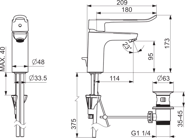 EHM Waschtischbatterie CLINICA 4501 Anschluss über Kupferrohre Ablaufgarnitur mit Zugstange Bügelhebel Bedienungshebel lang Ausladung 114 mm DN15 Chrom