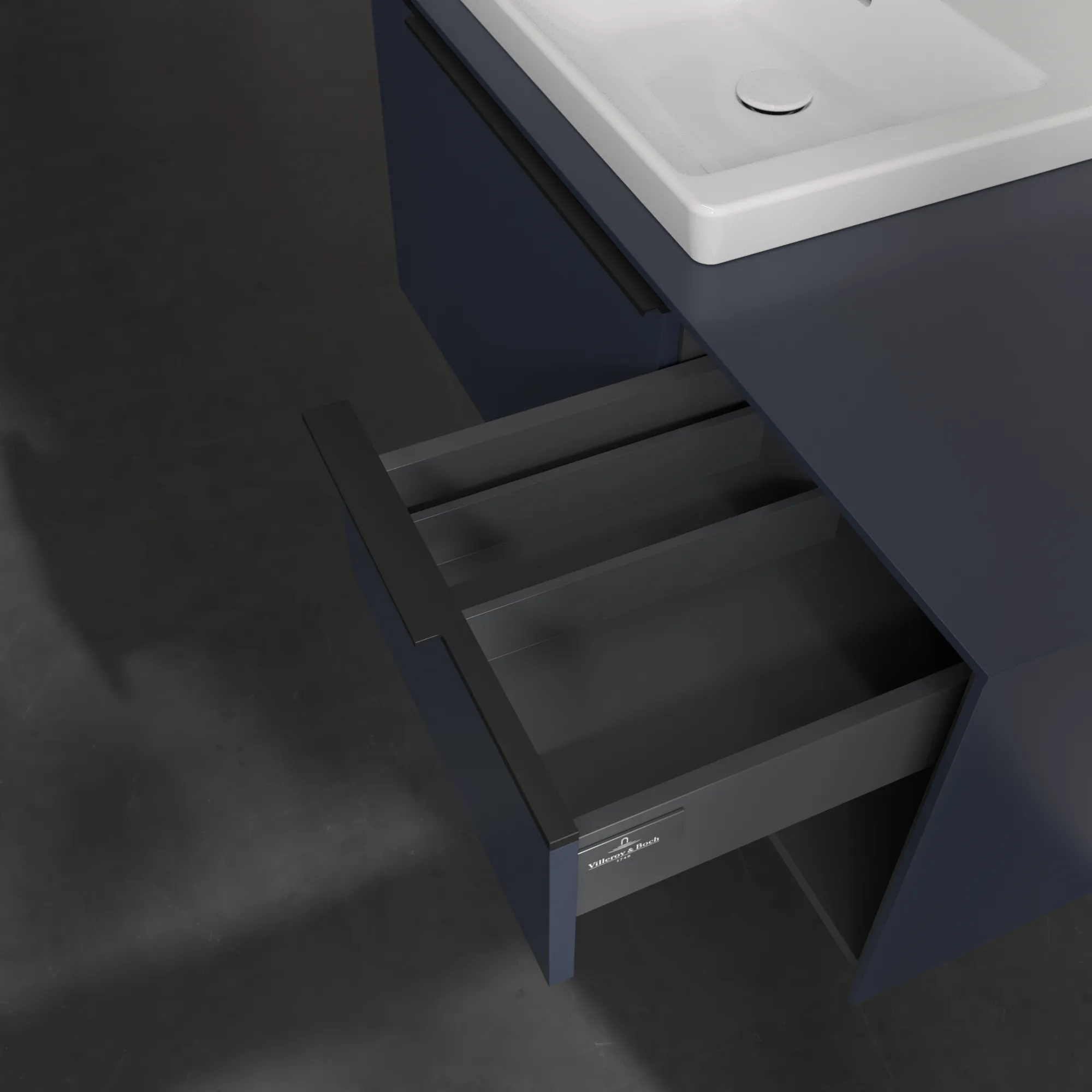 Villeroy & Boch Waschtischunterschrank mit Regalelement „Subway 3.0“ für Schrankwaschtisch 1001 × 423 × 516 mm Marine Blue, für Becken links Villeroy & Boch Waschtischunterschrank mit Regalelement „Subway 3.0“ für Schrankwaschtisch 1001 × 423 × 516 mm Marine Blue, für Becken links