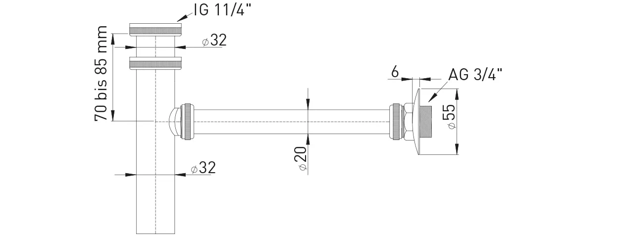 Verstellrohr Messing vc 32 x 240 mm mit Leckwasseranschluss 3/4″