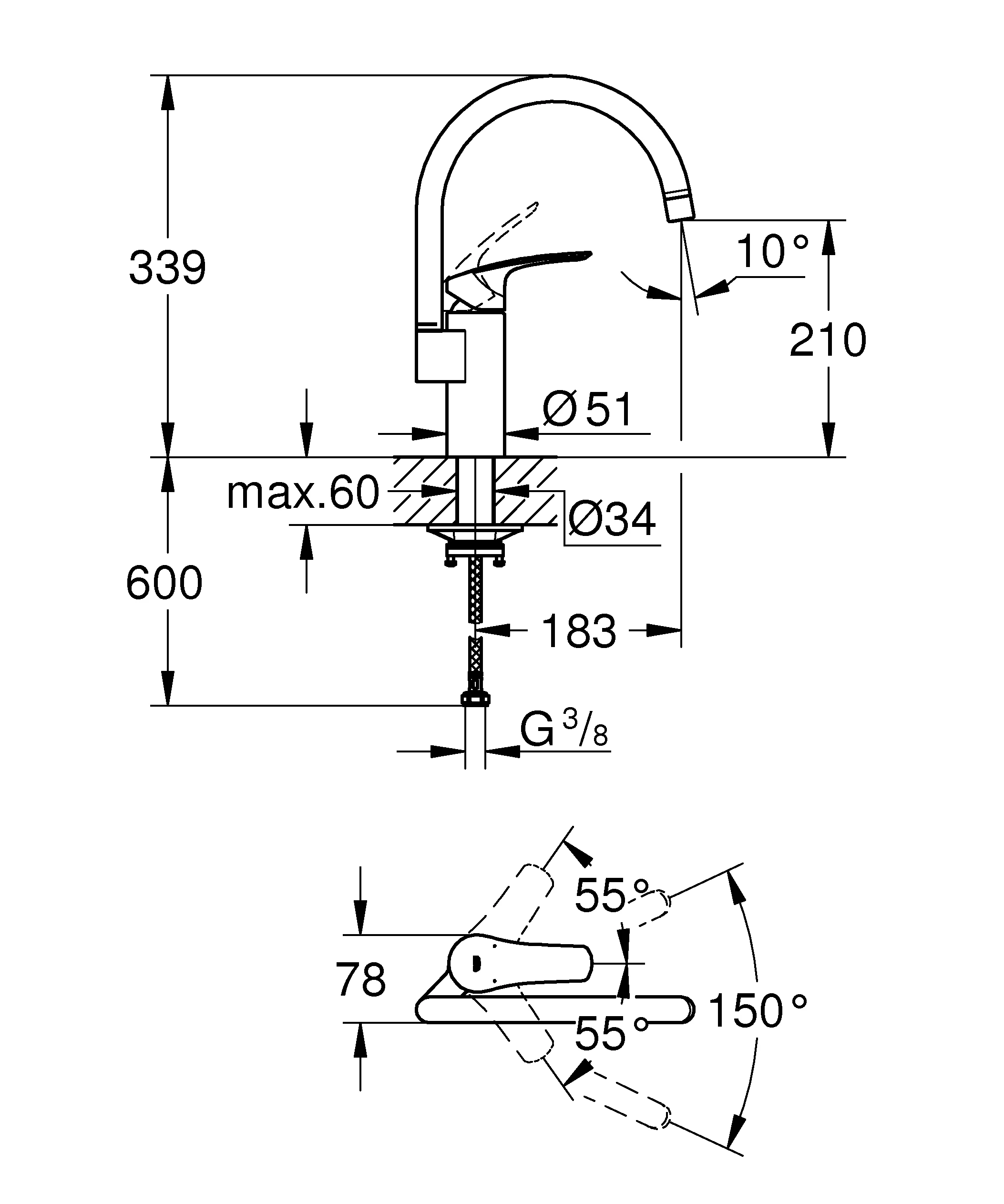 Einhand-Spültischbatterie Eurosmart 33202_3, hoher Auslauf, Einlochmontage, schwenkbarer Rohrauslauf, Schwenkbereich 150°, chrom