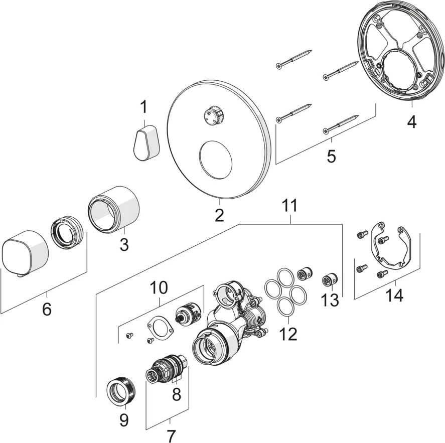 HansaLIVING Duscharmatur Thermostat Fertigmontageset für Brausebatterie 8113 Rosette rund Chrom