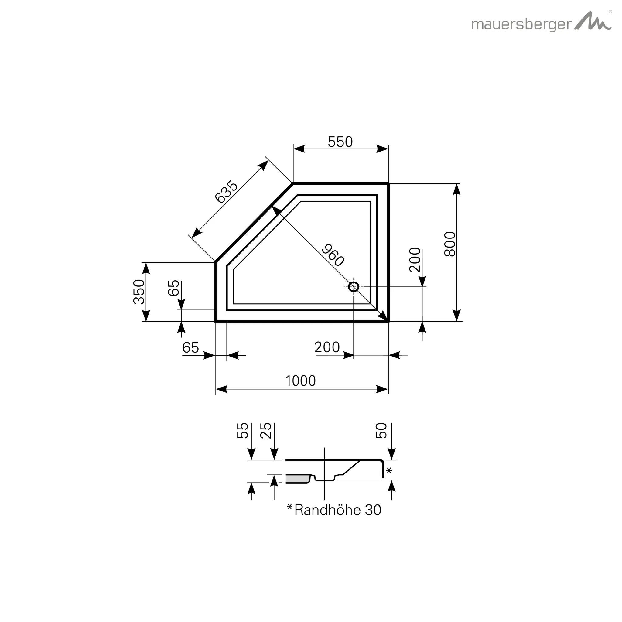Mauersberger Acryl-Duschwanne circi 100/80 SF links, 1000x800x55, weiß