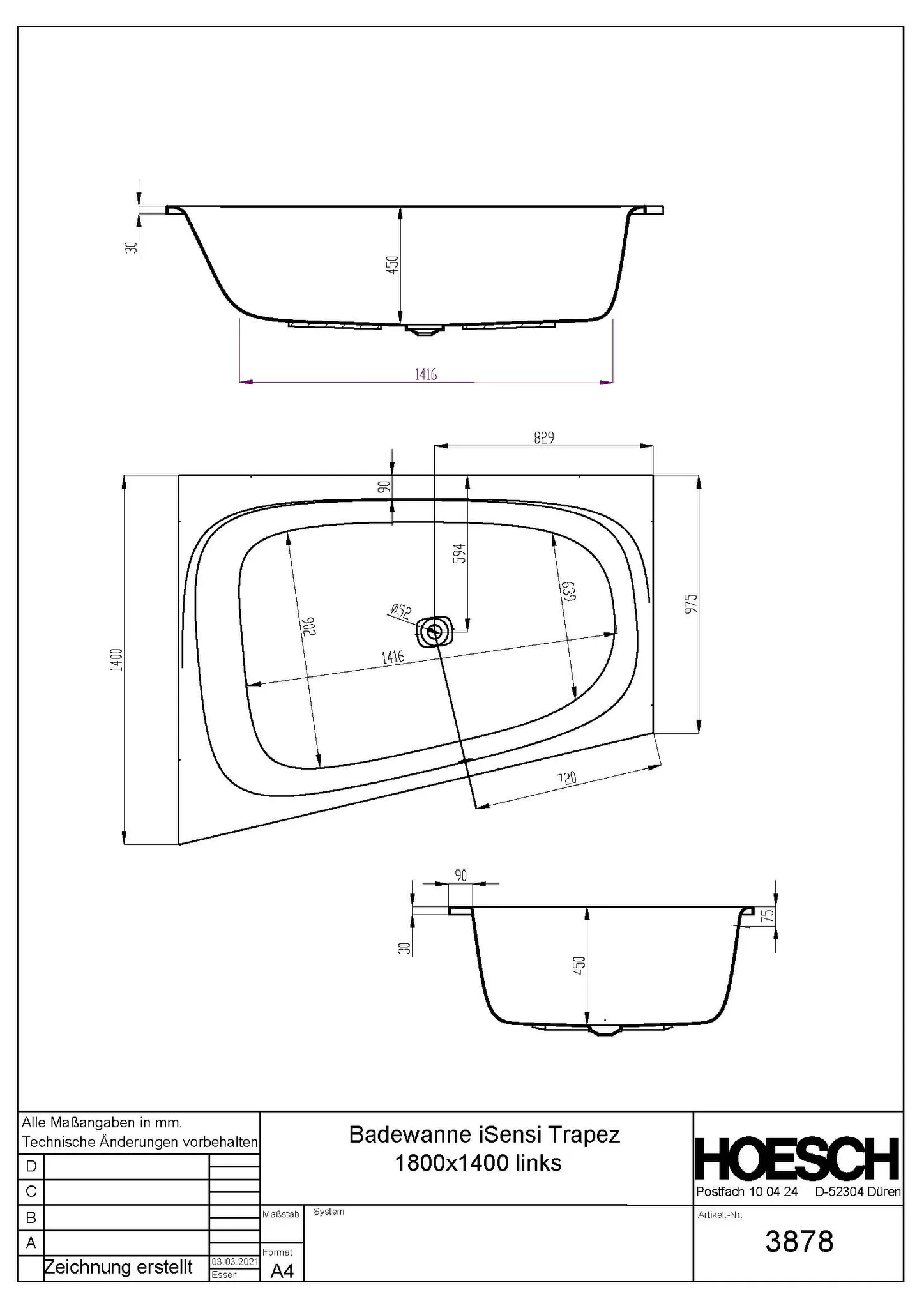 Hoesch iSensi Trapez 1800x1400 links weiß Hoesch iSensi Trapez 1800x1400 links weiß