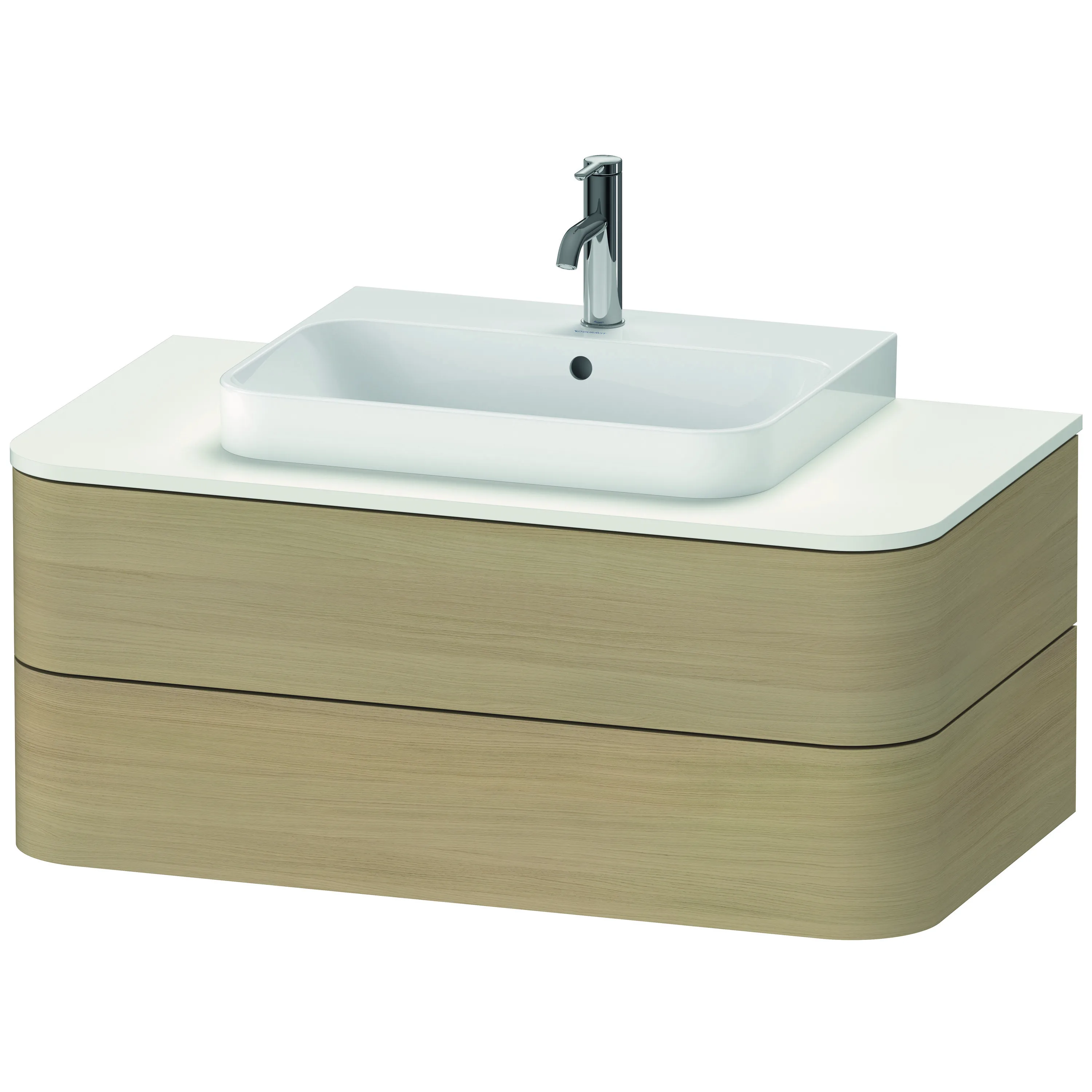 Duravit Waschtischunterschrank wandhängend „Happy D.2 Plus“ 100 × 40,8 × 55 cm Mediterrane Eiche Becken: mittig / Beleuchtung: ohne / Front- & Korpusfarbe: Mediterrane Eiche / Größe: 100 × 55 × 40,8 cm / Oberfläche: Echtholzfurnier / Schubladen: 2