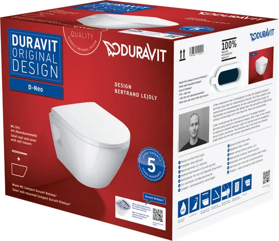Duravit Wand-Tiefspül-WC Compact inkl. WC-Sitz „D-Neo“ 37 × 48 × 40 cm, Befestigung sichtbar, ohne Spülrand Duravit Wand-Tiefspül-WC Compact inkl. WC-Sitz „D-Neo“ 37 × 48 × 40 cm, Befestigung sichtbar, ohne Spülrand