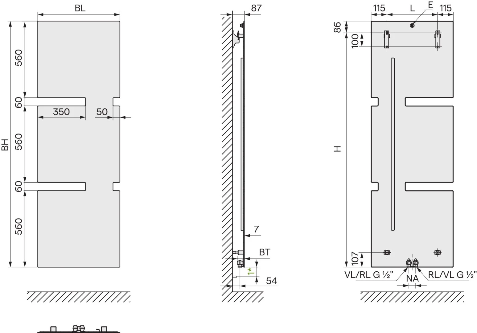 Kermi Design-Heizkörper „Tano®“ 60 × 118 cm, links in Weiß (RAL 9016)
