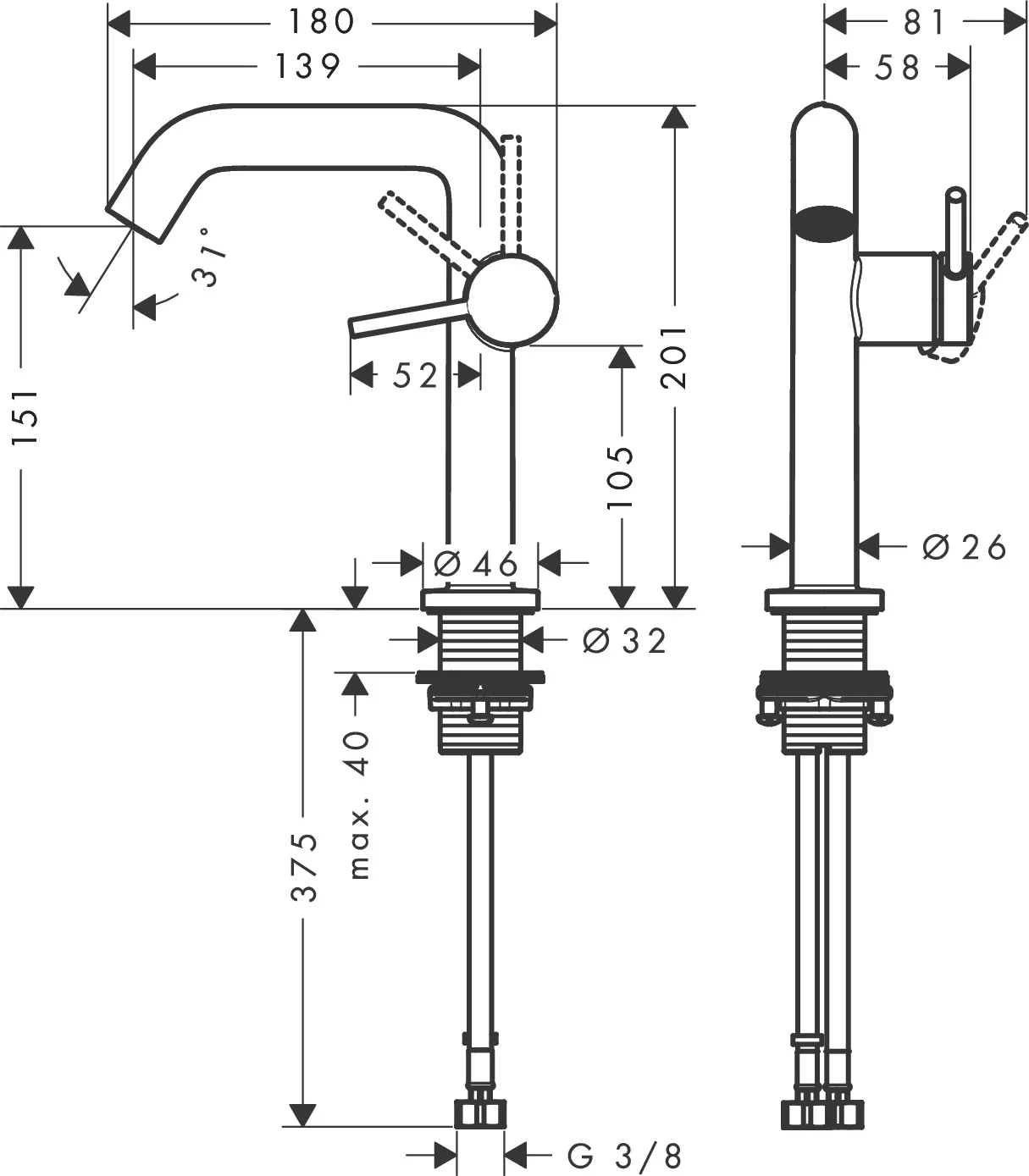 Hansgrohe Tecturis S Einhebel-Waschtischmischer 150 Fine CoolStart EcoSmart+ Chrom, Ausladung 139 mm, Auslaufhöhe 151 mm