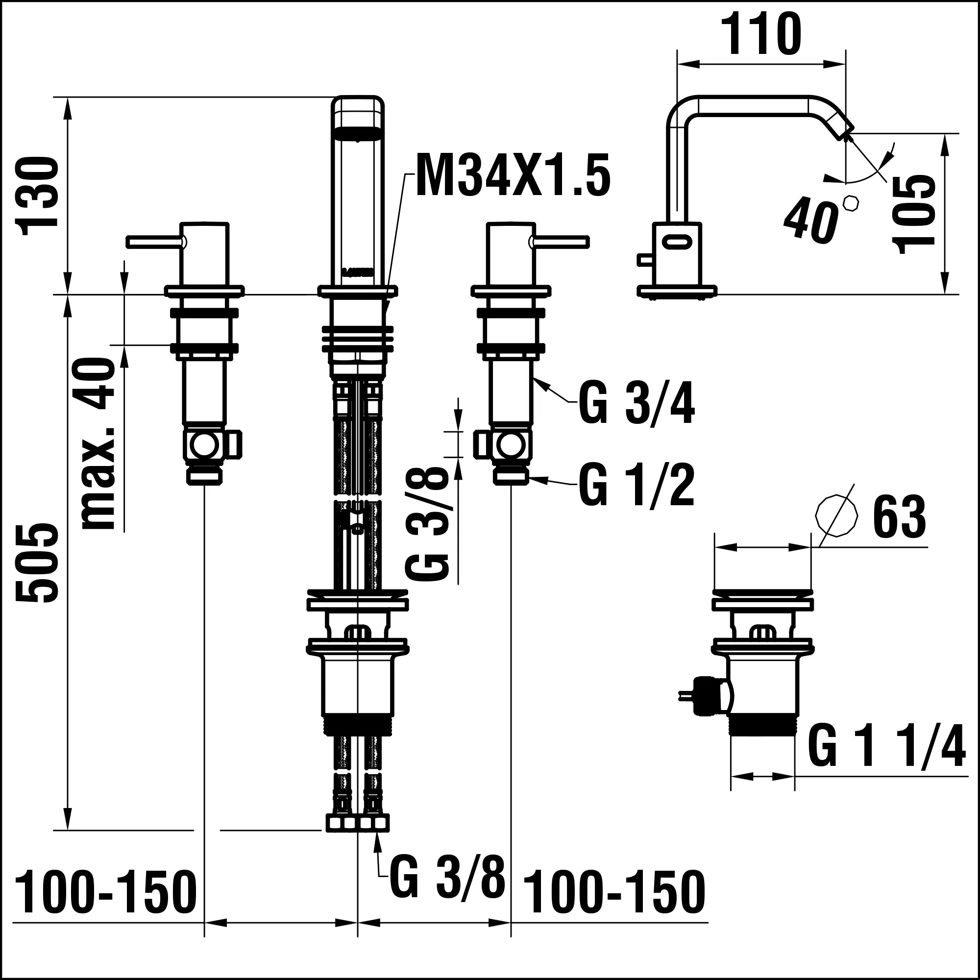 3-Loch Waschtischmische MEDA Festauslauf Ausladung 110 mm mit Ablaufventil chrom