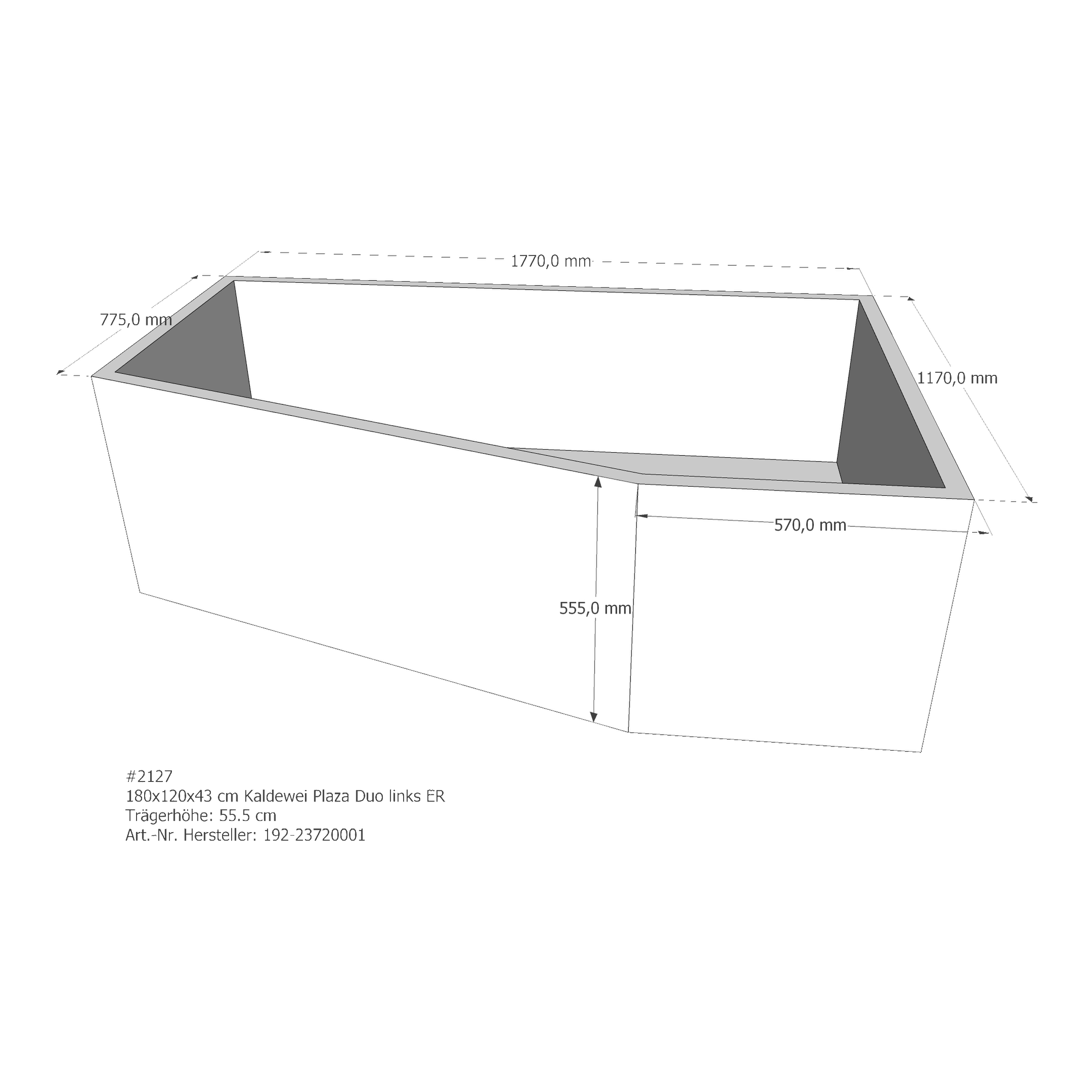 Badewannenträger für Kaldewei Plaza Duo links 180 × 120 × 43 cm