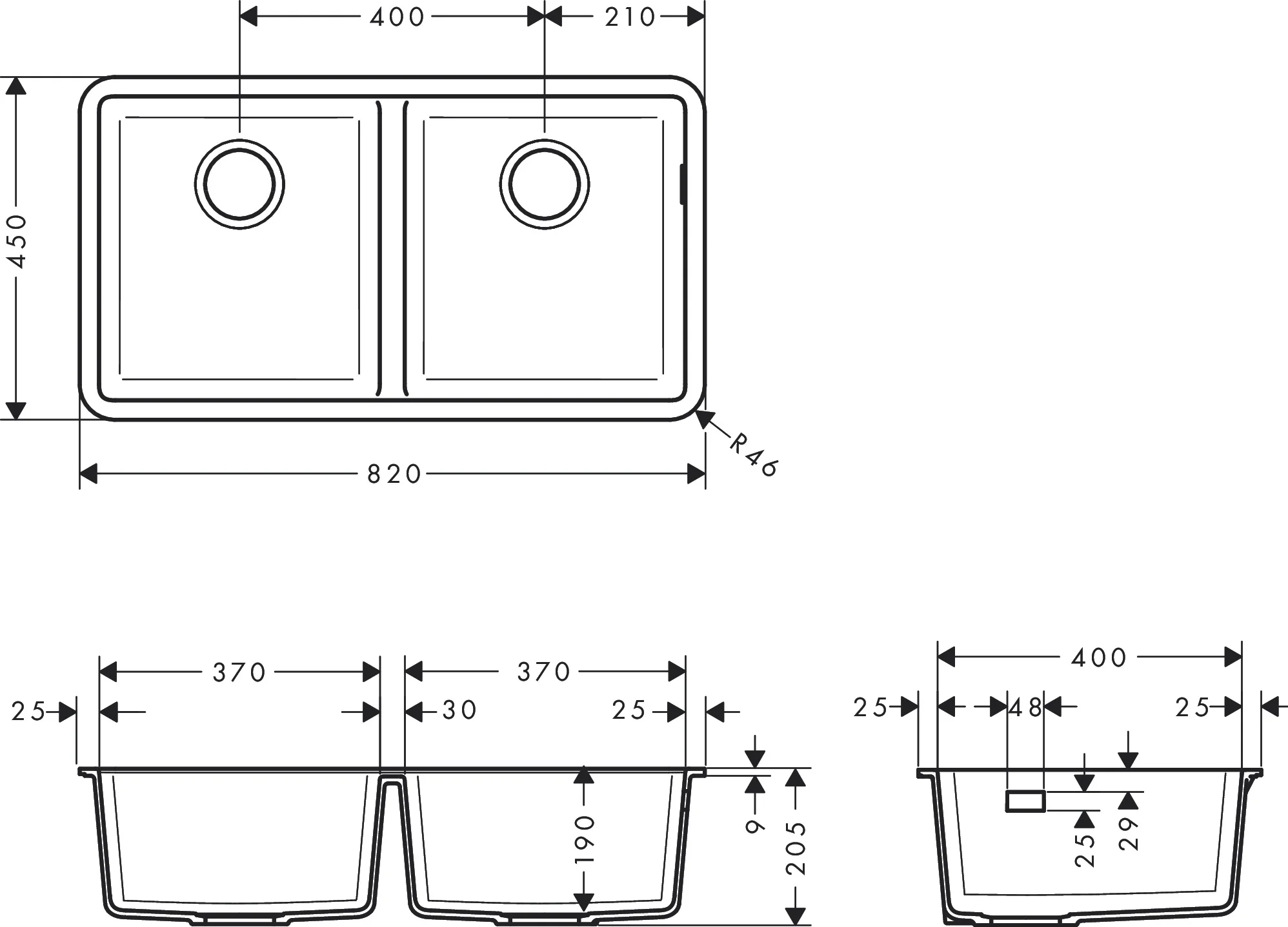 Hansgrohe Unterbauspüle S51, Steingrau, 370x370 mm, 2 Hauptbecken, Beckentiefe 190 mm Hansgrohe Unterbauspüle S51, Steingrau, 370x370 mm, 2 Hauptbecken, Beckentiefe 190 mm