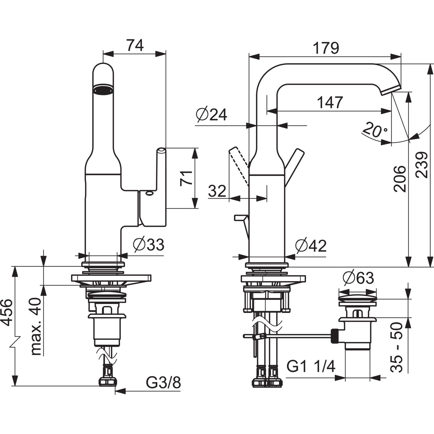 EHM Waschtischbatterie VANTIS Style 5454 Ablaufgarnitur mit Zugstange Ausladung 147 mm Chrom