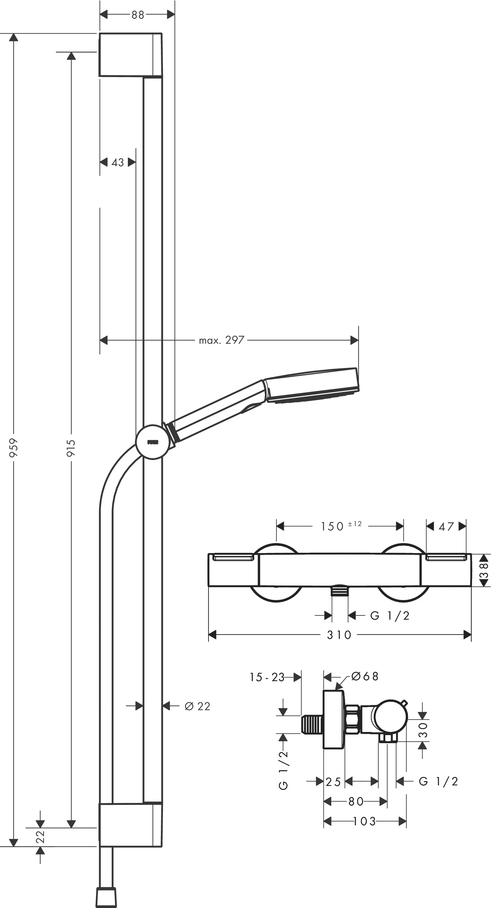 Hansgrohe Pulsify Select S Brausesystem 105 mm, 3 Strahlarten, Chrom, 90 cm Brausestange
