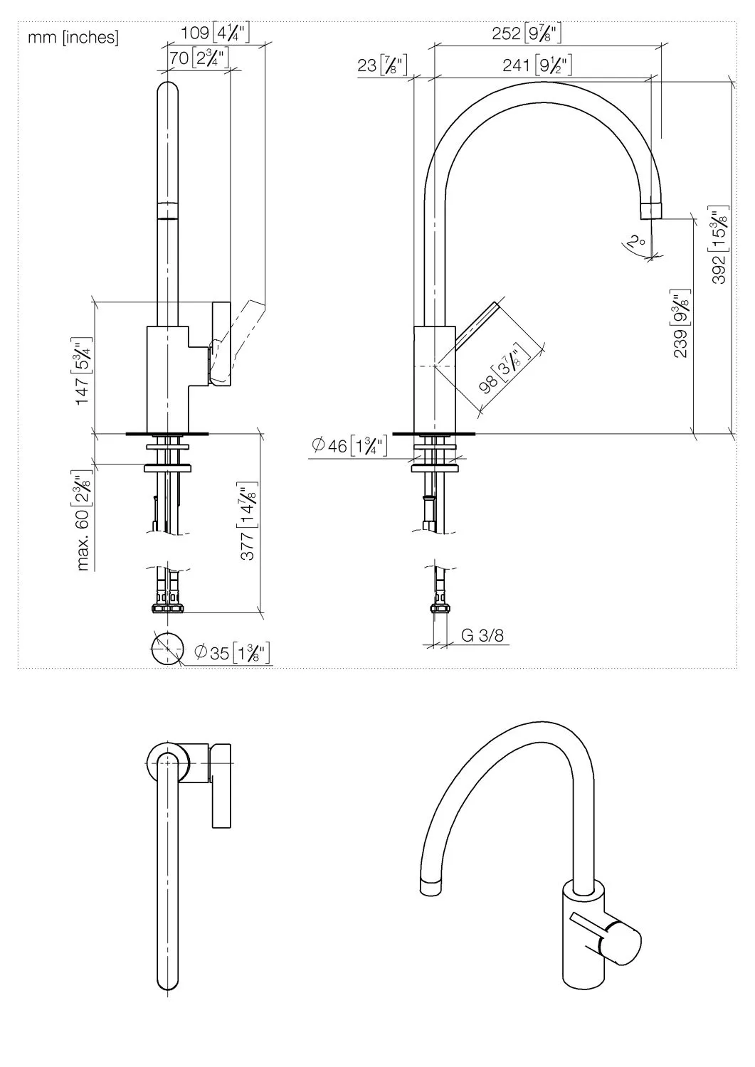 Dornbracht Einhebelmischer TARA ULTRA, Dark Brass gebürstet PVD, Ausladung 241 mm, schwenkbarer Auslauf 360°, Armaturenhöhe 393 mm, Bohrungsdurchmesser 35 mm, max. Durchfluss 8 l/min bei 3 bar Fließdruck