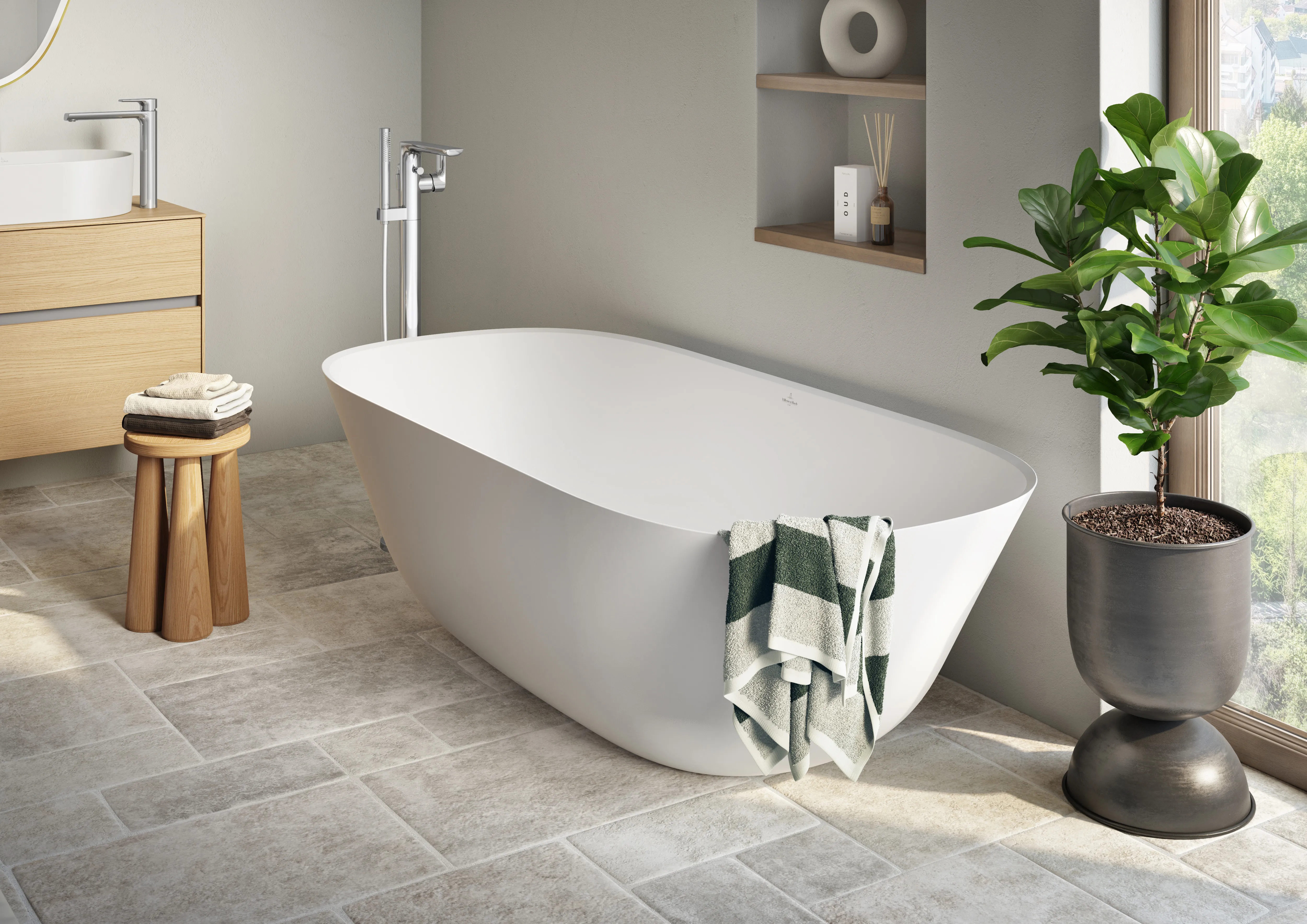 Villeroy & Boch Badewanne „Theano“ freistehend oval 175 × 80 cm, Mittelablauf in Stone White