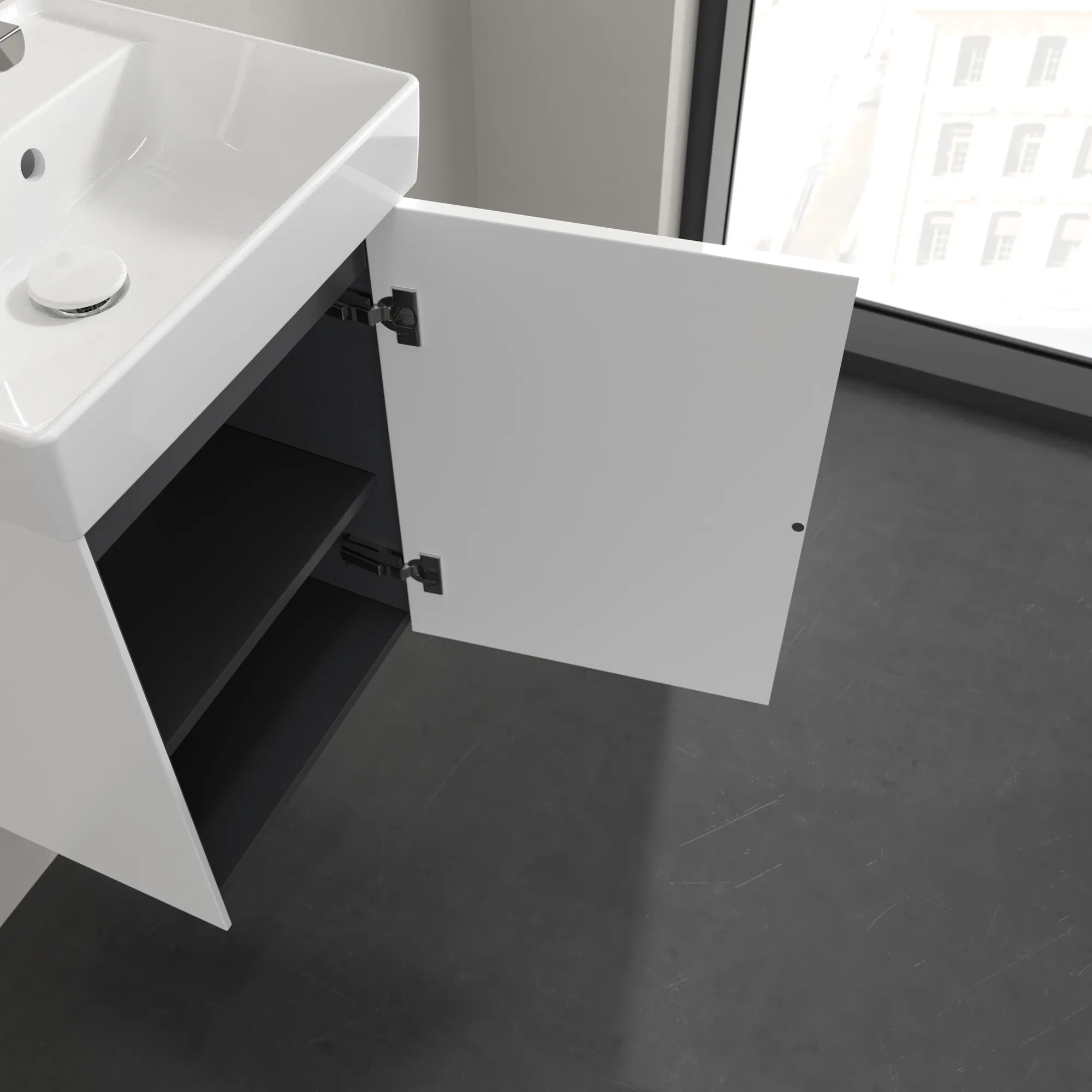 Villeroy & Boch Waschtischunterschrank mit Tür „Collaro“ 410 × 546 × 344 mm Weiß Matt, für Becken mittig, Anschlag rechts, ohne Beleuchtung Villeroy & Boch Waschtischunterschrank mit Tür „Collaro“ 410 × 546 × 344 mm Weiß Matt, für Becken mittig, Anschlag rechts, ohne Beleuchtung