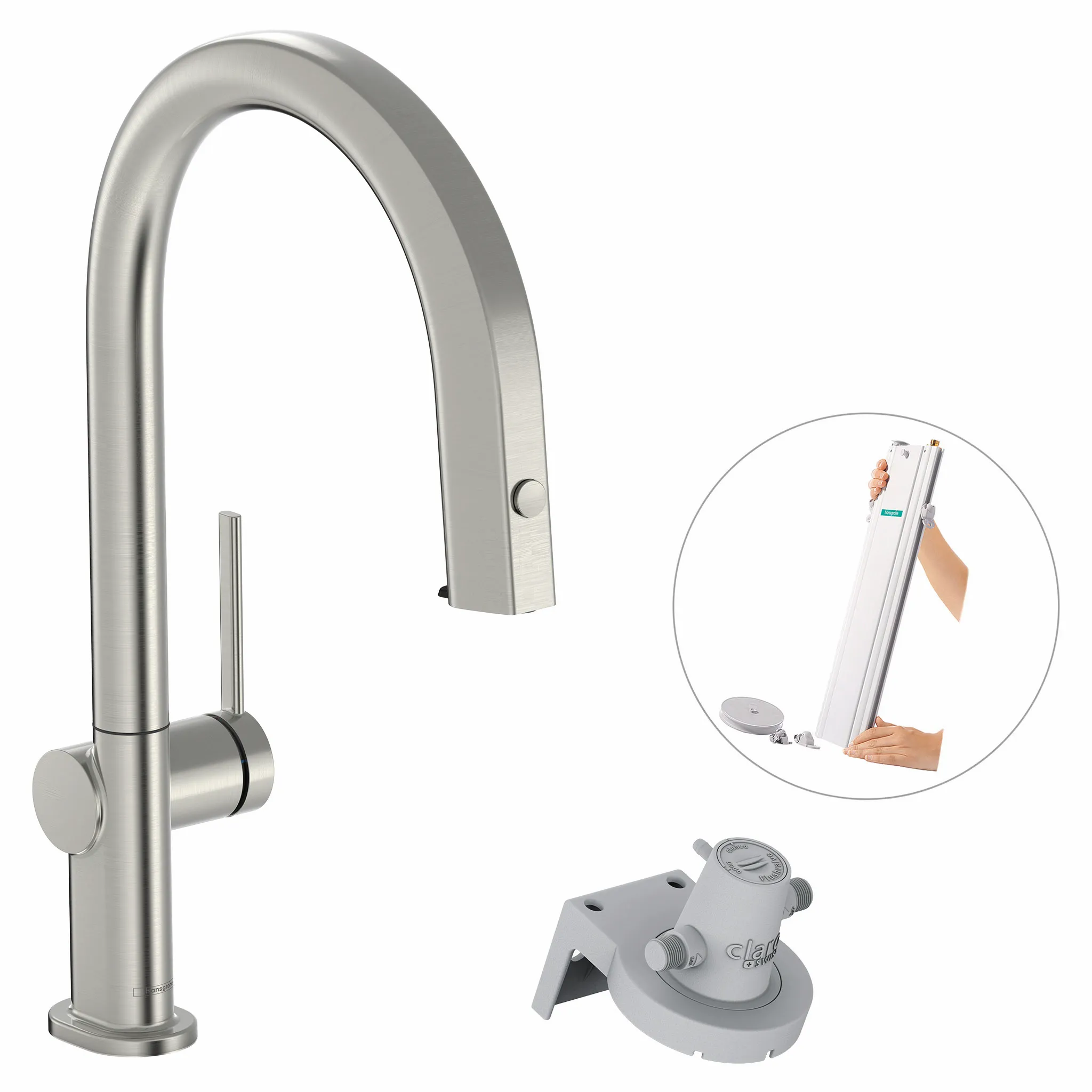 Hansgrohe Aqittura M91 Einhebel-Küchenmischer mit Ausziehschlauch, Edelstahl-Optik, 35 mm Hahnlochbohrung, max. Auszugslänge 76 cm Hansgrohe Aqittura M91 Einhebel-Küchenmischer mit Ausziehschlauch, Edelstahl-Optik, 35 mm Hahnlochbohrung, max. Auszugslänge 76 cm
