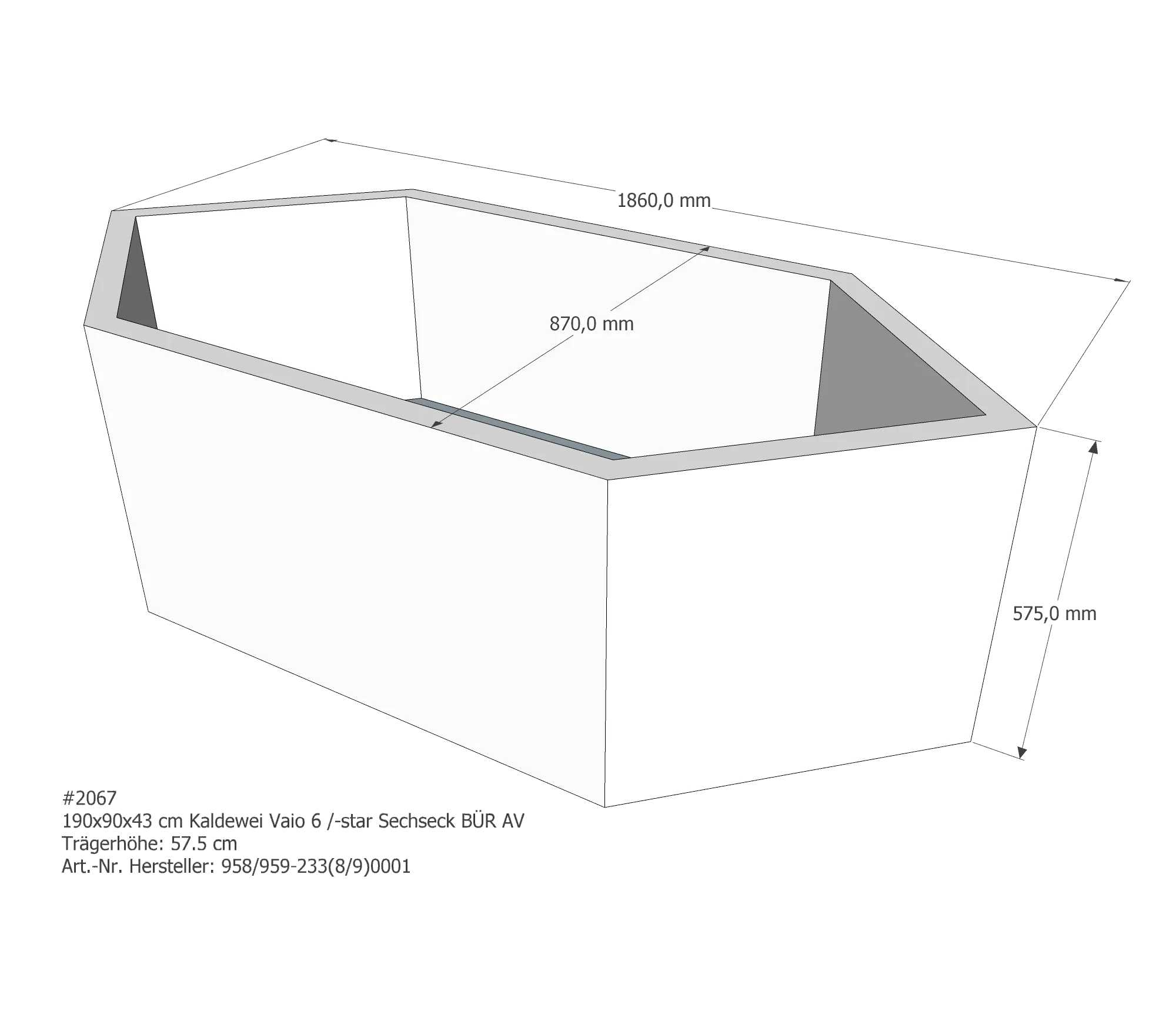 Badewannenträger für Kaldewei Vaio 6 190 × 90 × 43 cm Ab- und Überlaufposition: vorn