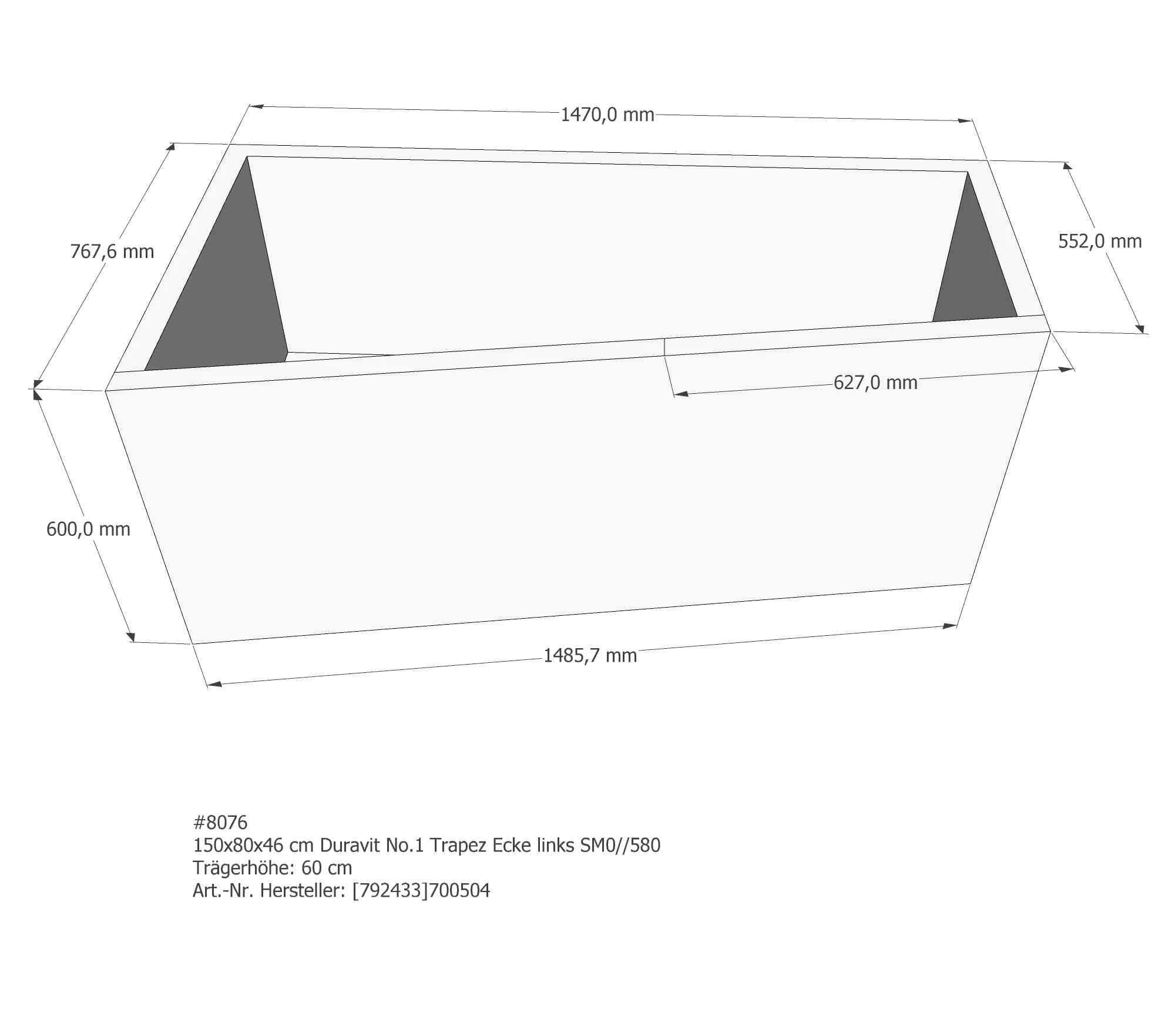 Badewannenträger passend für Duravit No.1 links 150 × 80 × 46 cm