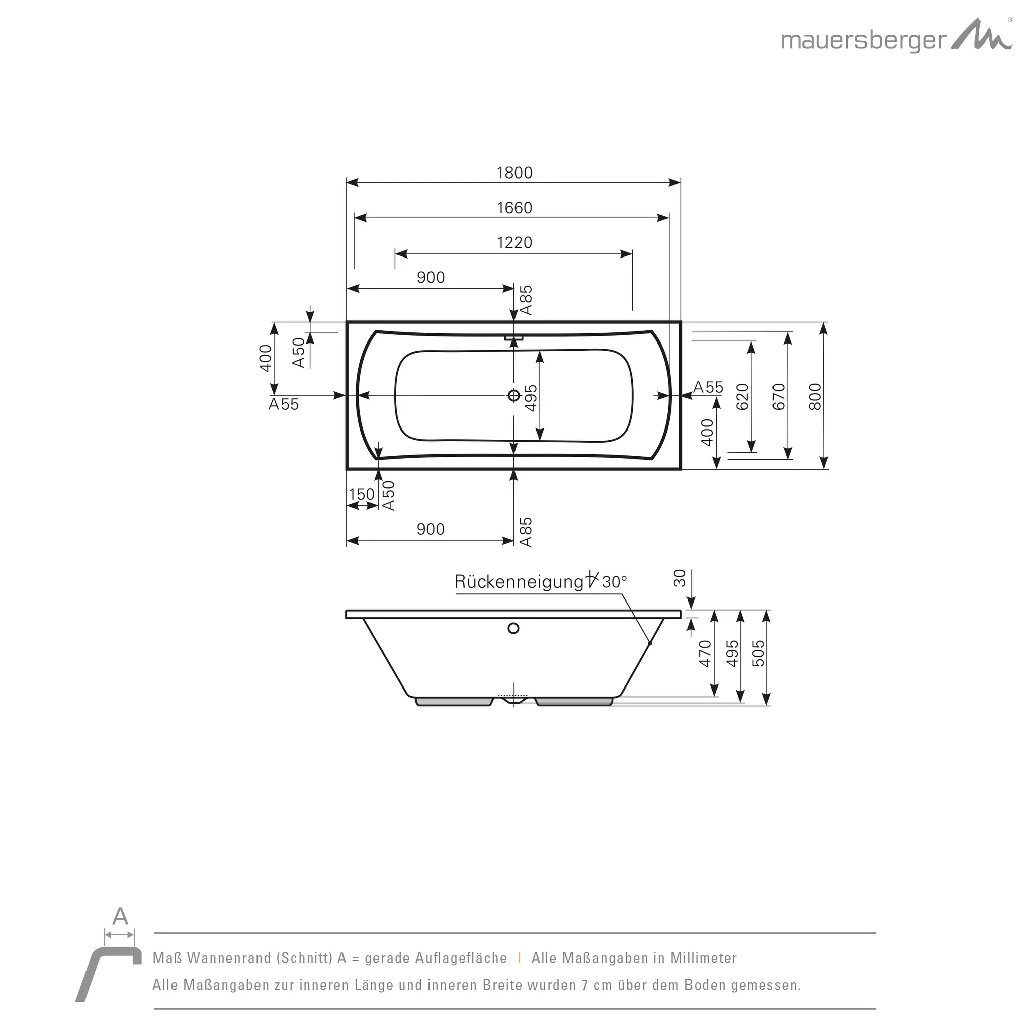Mauersberger jucunda Acryl-Badewanne Rechteckform duo 1800x800x505, Farbgruppe 2