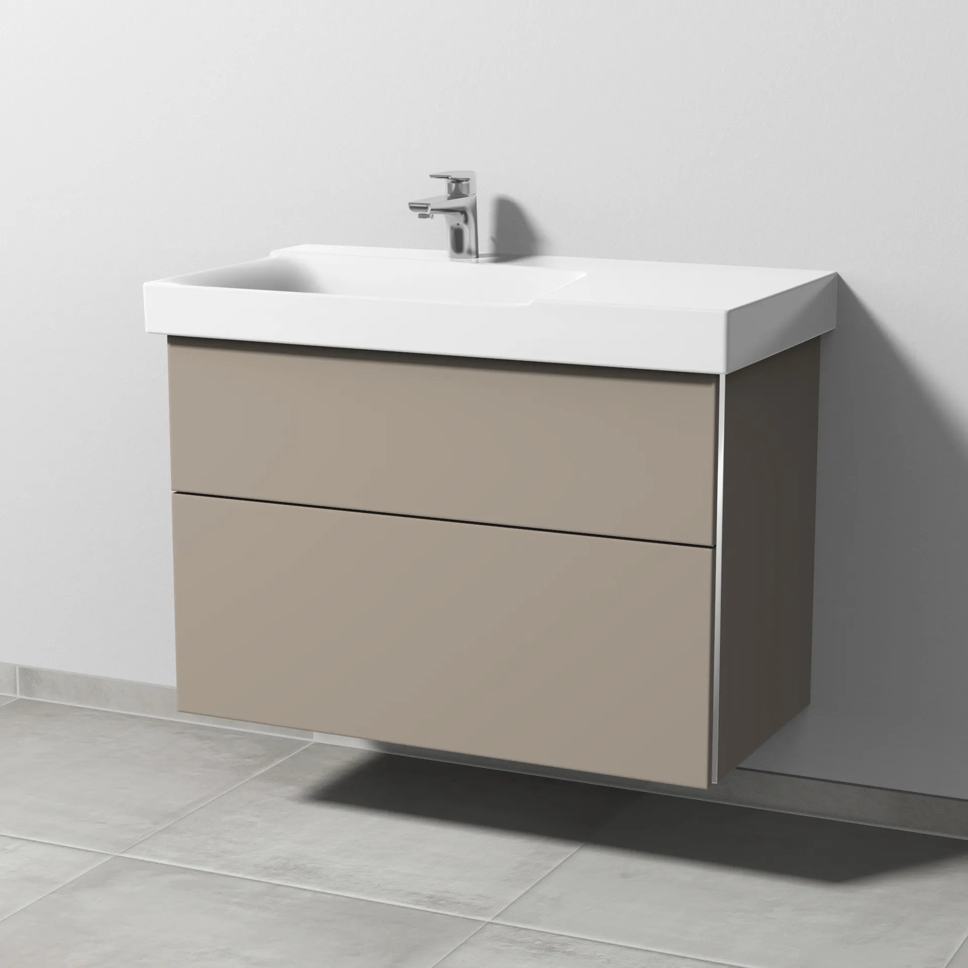 Sanipa Waschtischunterschrank „3way“ passend zu Keramik-Waschtische Xeno2 von Geberit 850 × 593 × 452 mm in Sandgrau (matt), Becken links